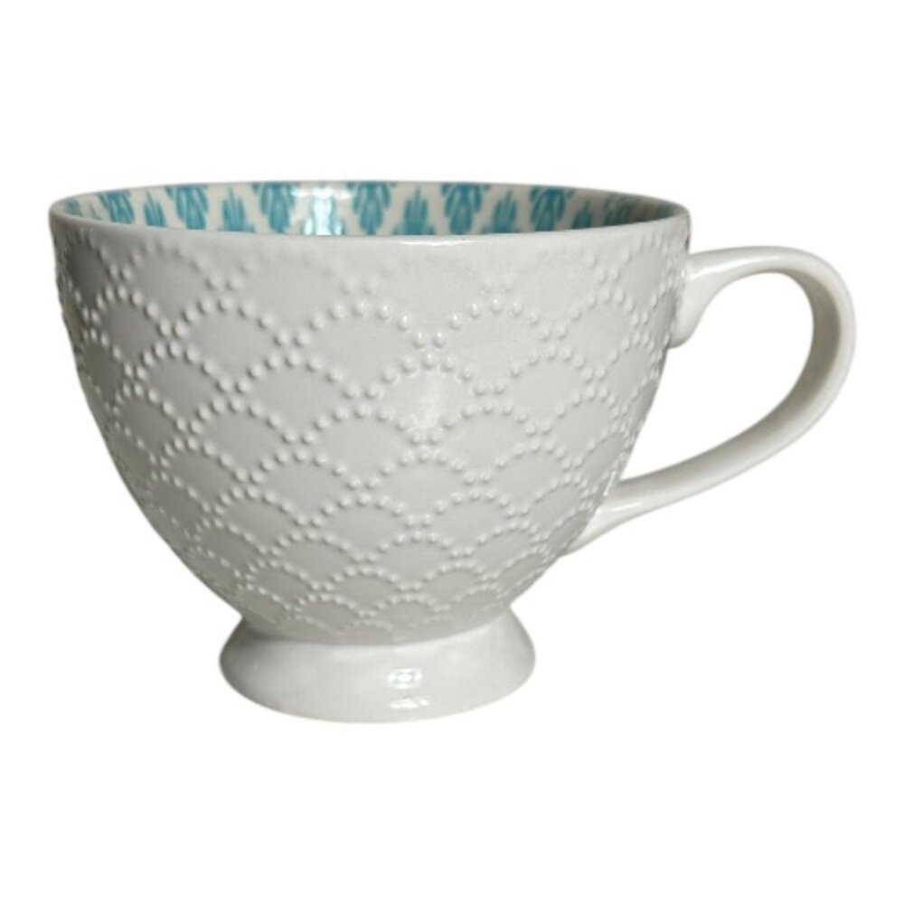 Signature 14oz White FOOTED Mugs: Embossed •Interior Aqua Design OLIVER